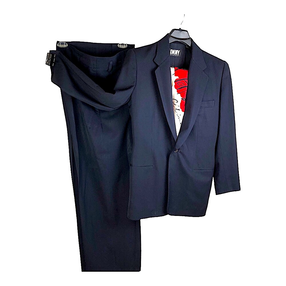 DKNY SUIT HIGH WAIST VINTAGE 100% Wool Chic one button jacket wide legs blue